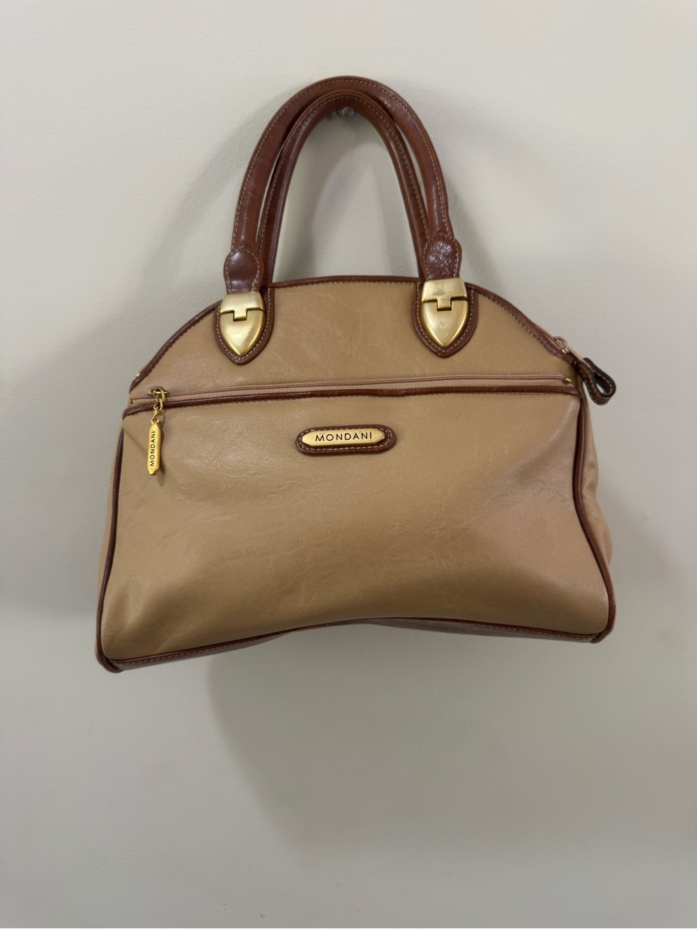 Y2K Mondani Two-Tone Cream & Brown Leather Satchel Bag